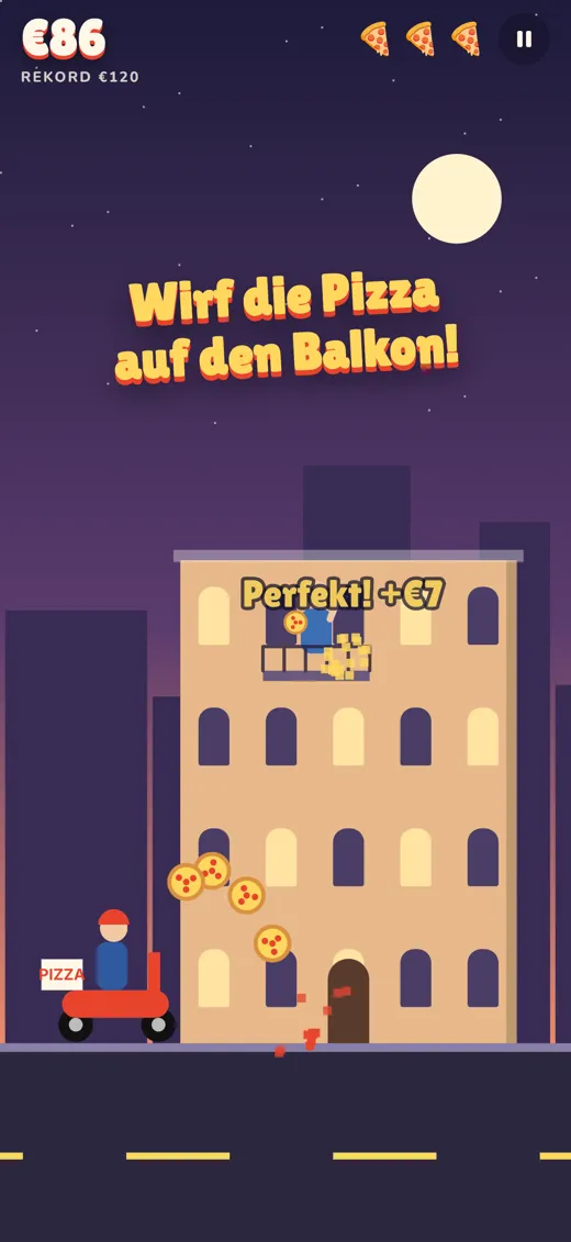 Spielszene: Der Pizzabote auf dem roten Roller wirft eine Pizza auf einen Balkon, Anzeige „Perfekt! +€7“